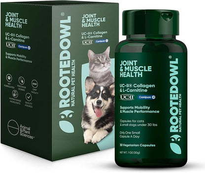 Rooted Owl Joint and Muscle Support for Cats and Small Dogs (Under 30 Lbs) - Supplement with UC-II Type II Collagen and L-Carnitine - 30 Count