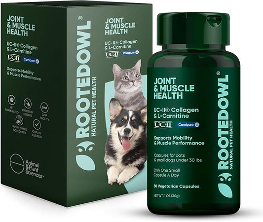 Rooted Owl Joint and Muscle Support for Cats and Small Dogs (Under 30 Lbs) - Supplement with UC-II Type II Collagen and L-Carnitine - 30 Count