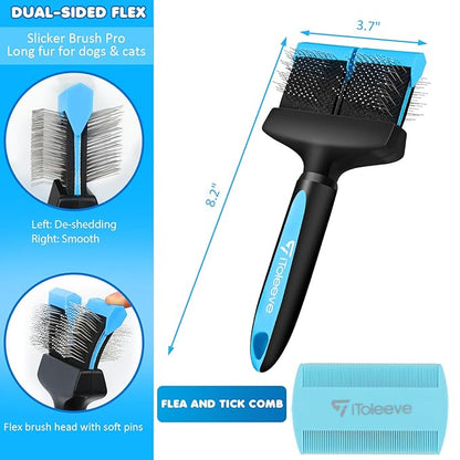 Dual Flex Slicker Brush Dog Brush, Gentle Grooming Tool for Sensitive Dogs & Cats - Ideal for Long Hair, Removes Undercoat, Tangles, and Knots