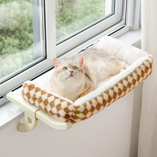MEWOOFUN Window Sill Perch for Indoor Cats, One-Step Sliding Clamping Slot Adjustment Cat Hammock With Removable Covers, Bed for Windowsill & Bedside (Brown, Large)