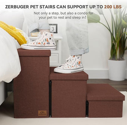 Dog Stairs with Storage 17.5" H, 3-Step Wider Dog Steps for Small/Medium/Large Dogs Cats, Folding Sturdy Pet Stairs Climbing Bed or Sofa, Dog Ramp for Car Hold Up to 200 lbs (Brown, No Condo)