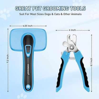 Dog Brush for Shedding, Self-Cleaning Slicker & Comb, Removes Mats, Tangles, Loose Fur, Nail Clipper, for Small, Medium, Large Dogs, Short & Long Haired Pets, 4 PCS Grooming Kit. Blue
