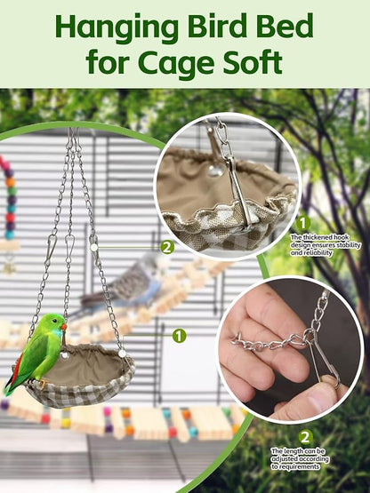Waterproof Bird Nest for Cage, Hanging Birds Hammock with Adjustable Chain, Bird Cage Swing for Parakeets Bird Sleeping Hut for Budgies Lovebirds Quaker (Brown)