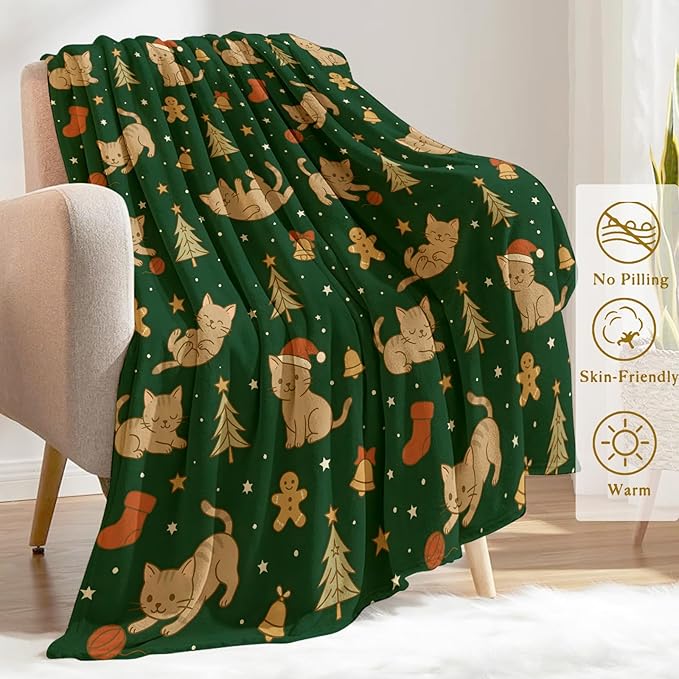 Cute Cat Christmas Decorative Throw Blanket, Kitten Gingerbread Tree Bell Print Decoration, Soft Flannel Winter Blankets for Couch Bed Sofa, Holiday Home Decor, Xmas Festival Gifts 50x60 Inch