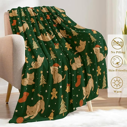 Cute Cat Christmas Decorative Throw Blanket, Kitten Gingerbread Tree Bell Print Decoration, Soft Flannel Winter Blankets for Couch Bed Sofa, Holiday Home Decor, Xmas Festival Gifts 50x60 Inch