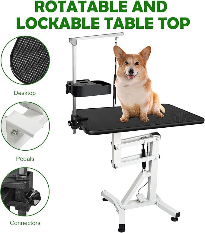 31" Dog Grooming Table, Pneumatic Lift Adjustable Small Pet Trimming Station for Home with Anti-Skid Rubber and Rotatable Desktop ï¼_p to 50lbsï¼
