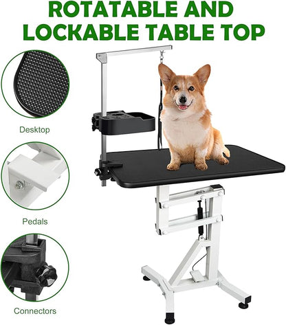31" Dog Grooming Table, Pneumatic Lift Adjustable Small Pet Trimming Station for Home with Anti-Skid Rubber and Rotatable Desktop ï¼_p to 50lbsï¼