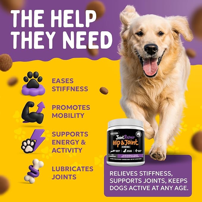 Finest For Pets Joint Repair Hip and Joint Chews for Dogs Glucosamine, Chondroitin, MSM, Hemp, Omega 3 & Turmeric for Dog Joint Support, Mobility & Pain Relief - (120 Chicken Chews, Made in USA)