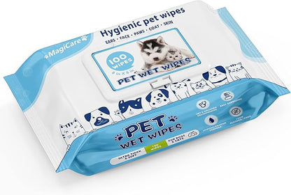 MAGICARE Pet Wipes  100 pcs Dog Wipes  8x8 Inch Unscented Dog Paw Cleaner Wipes for Body, Ears, Face, and Skin  Ultra Thick and Soft with Hypoallergenic Formula  Ideal Pet Wipes for Dogs & Cats