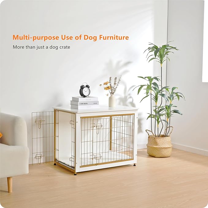 DWANTON Dog Crate Furniture with Cushion, Wooden Dog Crate Table, Double Doors Dog Furniture, Indoor Dog Kennel, Dog House, Dog Cage Medium, 32.5" L, White