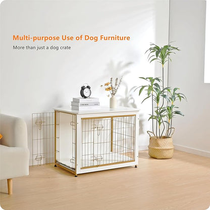 DWANTON Dog Crate Furniture with Cushion, Wooden Dog Crate Table, Double Doors Dog Furniture, Indoor Dog Kennel, Dog House, Dog Cage Medium, 32.5" L, White