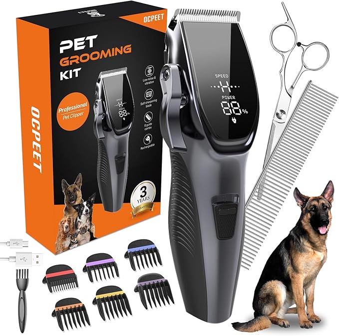 Dog Grooming Kit Low Noiseï¼_ordless 4 in 1 Dog Clippers for Grooming Rechargeable Pet Cat Trimmer with 2 Speed,6 Guards,Scissors,Comb for Small Medium Large Pets Dogs Cats Thick Hair Cutting (Pewter)