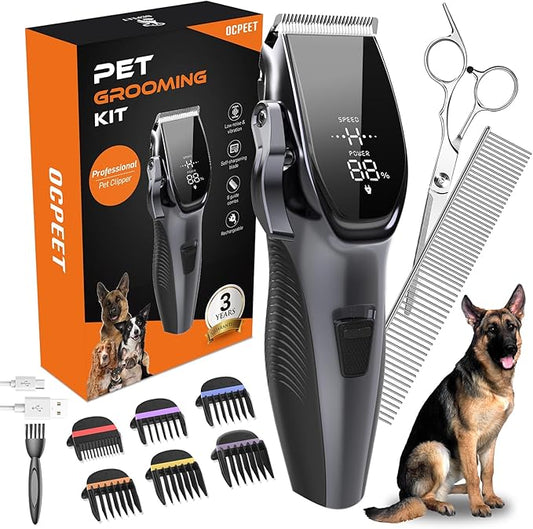 Dog Grooming Kit Low Noiseï¼_ordless 4 in 1 Dog Clippers for Grooming Rechargeable Pet Cat Trimmer with 2 Speed,6 Guards,Scissors,Comb for Small Medium Large Pets Dogs Cats Thick Hair Cutting (Pewter)