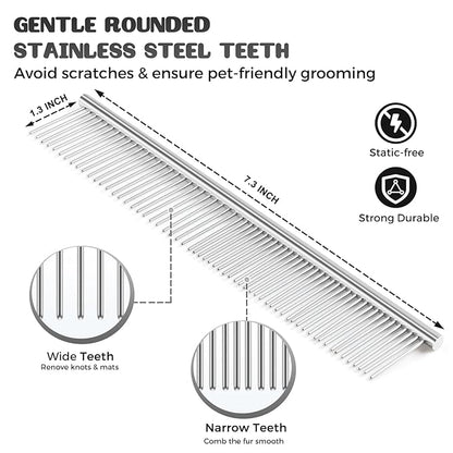 5 in 1 Dog Grooming Kit, Self Cleaning Slicker Brush for Shedding Short Long Haired Dogs & Cats, Includes Pet Comb, Flea Comb, Bath Brush, Undercoat Rake, Gray