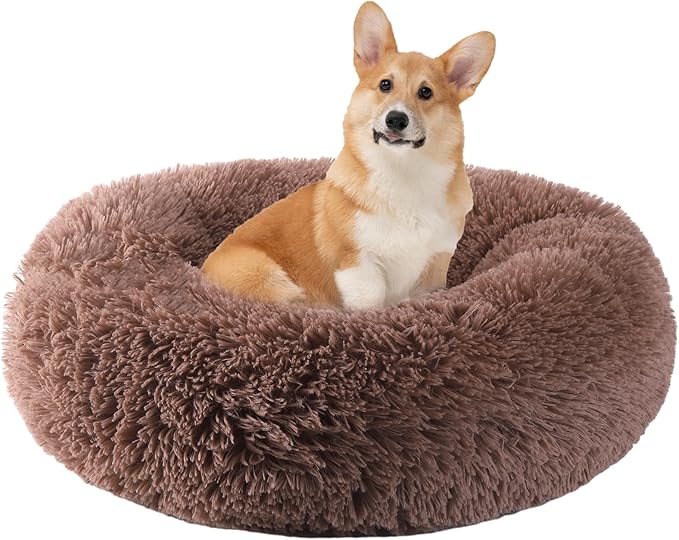 HYQ Small Dog Bed, Pet Beds for Small Dogs, Cat Beds for Indoor Cats, Fluffy Faux Fur Plush Small Dog Bed, Washable Puppy Bed with Anti-Slip Bottom, Dog Bed Small Size Dog (Khaki, 24 Inch)