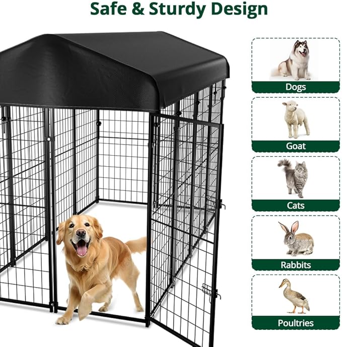 Dog Kennel Outside with Roof, 8'x6'x4' Outdoor Dog Kennels for Large Dogs, Heavty Duty Welded Dog Crate Playpen with UV-Resistant Waterproof Cover