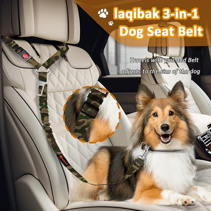 Removable Dog Seat Belts Harness for Car, 3 in 1 Pet Dog Car Seatbelt Leash, laqibak Restraint Secures to Headrest and Reflective Effect Adjustable Bungee Dog Seatbelt Tether, 2PCS and Poop Bag Holder