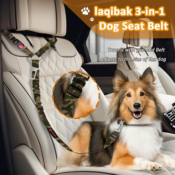 Removable Dog Seat Belts Harness for Car, 3 in 1 Pet Dog Car Seatbelt Leash, laqibak Restraint Secures to Headrest and Reflective Effect Adjustable Bungee Dog Seatbelt Tether, 2PCS and Poop Bag Holder