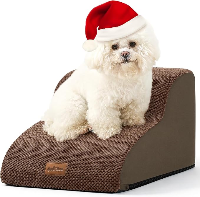 Dog Stairs for Chair, Small Dogs Steps for Cat, Sofa or Couch, Pet Ramp with Leakproof Cover, Lightweight, High Density Foam, Non-Slip, Durable, 15.7x19.7x11.8in, 2 Tiers, Brown