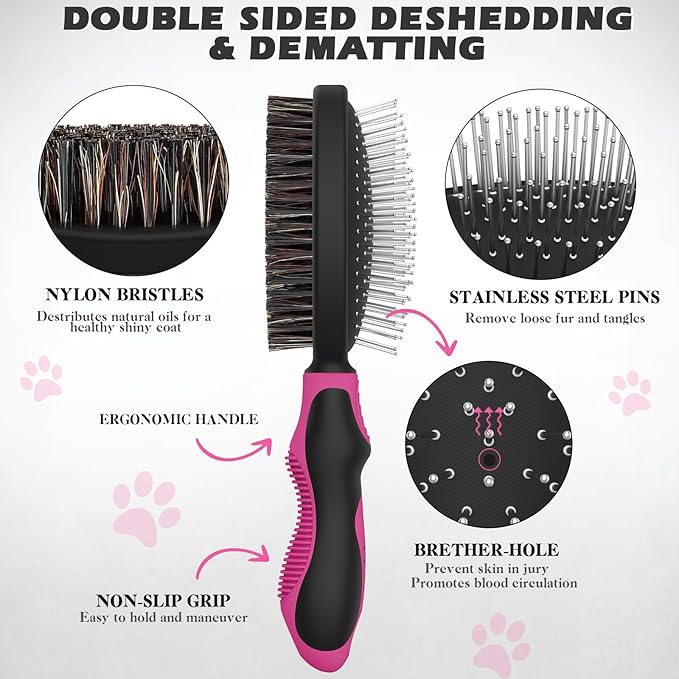 2PCS Dog Grooming Tools - Double-Sided Bath Brush for Shedding and Bathing, Suitable for Short/Long Haired Dogs, Premium Pet Supplies (Black Pink)