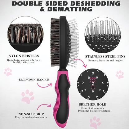 2PCS Dog Grooming Tools - Double-Sided Bath Brush for Shedding and Bathing, Suitable for Short/Long Haired Dogs, Premium Pet Supplies (Black Pink)