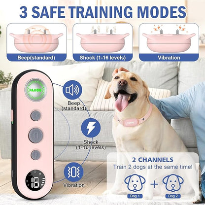 Dog Shock Collar for 2 Dogs, PAHOG 1000FT Electric Dog Training Collars for 8-120lbs Small Medium Large Dogs, Rechargeable IPX7 Waterproof E Collar with Beep, Vibration, Safe Shock Modes - Pink