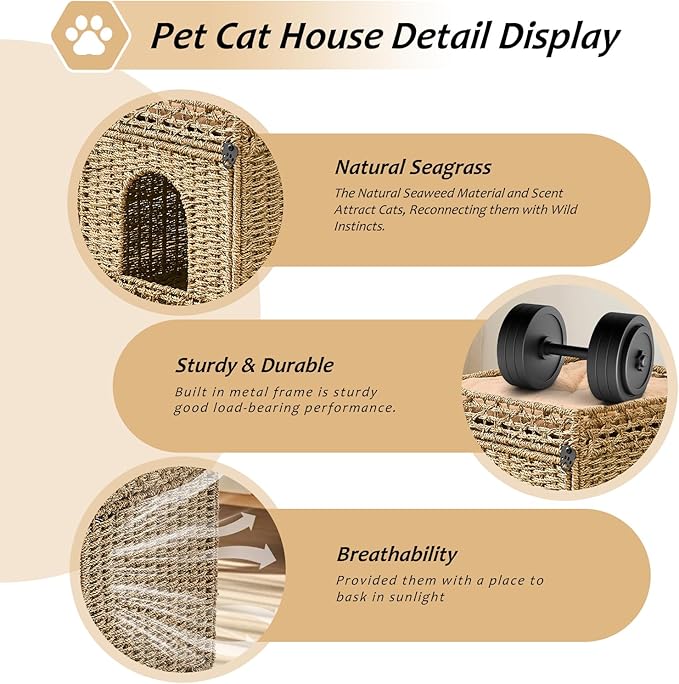 Pet Cat House, Handwoven Seagrass Cat Cave Pet Cube, Cat Beds Indoor Cat Hideaway with Double-Sided Soft Cushions Foldable for Multi Small Pet in Living Room Bedroom