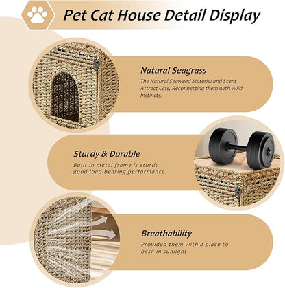 Pet Cat House, Handwoven Seagrass Cat Cave Pet Cube, Cat Beds Indoor Cat Hideaway with Double-Sided Soft Cushions Foldable for Multi Small Pet in Living Room Bedroom