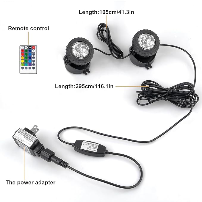 RGB Pond Lights with Timer, LED Underwater Submersible Colorful Landscape Spotlights, 98ft Remote Control IP68 Waterproof Fountain Lights for Fish Aquarium Tank Garden Yard Pool (Set of 2)