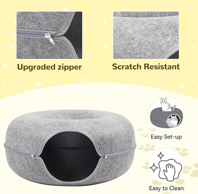 Cat Caves for Indoor Cats, Large Cat Tunnel for Multiple & Large Cats, Scratch Detachable Cave Bed, Kitten Donut Kitty Hideaway Up to 45 Lbs