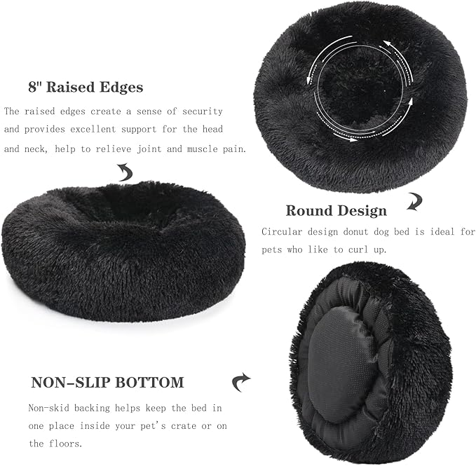 Dog Beds for Medium Dogs Washable Calming Bed for Dogs 30 Inches Black Fluffy and Soft Dog Bed Calm and Anti Anxiety Faux Fur Round Medium Sized Pet Bed for Dog