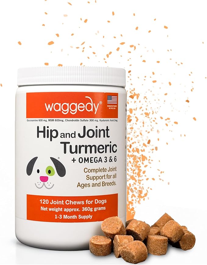 waggedy Hip and Joint Turmeric  Complete Dog Supplements for Joints with Glucosamine, MSM, HA & Omega Fatty Acids  Daily Glucosamine for Dogs to Improve Flexibility & Mobility (120 Dog Chews)