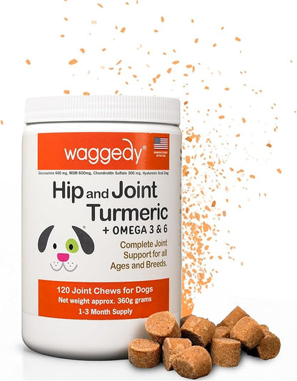 waggedy Hip and Joint Turmeric  Complete Dog Supplements for Joints with Glucosamine, MSM, HA & Omega Fatty Acids  Daily Glucosamine for Dogs to Improve Flexibility & Mobility (120 Dog Chews)