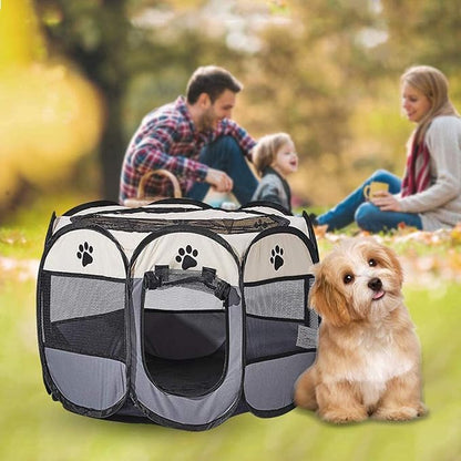 Dog playpen, Foldable Puppy Playpen, Pet Playpen Carrier Pop Up Tent 8-Panel Mesh Cover Adorable Design 600D Soft Oxford Playpen Kennel for Indoor-Outdoor Dog Cat Rabbit. (S 28" * 28" * 18", Gray)