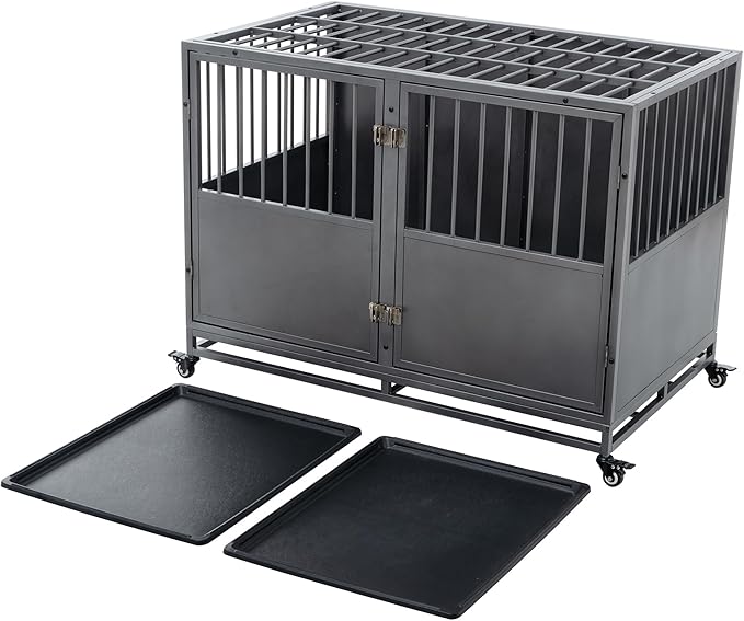 48 Inch Heavy-Duty Dog Crate with Double Door Wheels Carbon Steel Escape Dog Cage for Small Medium Large Dogs Silver One Size