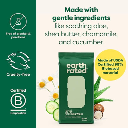 Earth Rated XL Pet Wipes for Dogs & Cats, 3-in-1 Hypoallergenic Cleaning, Deodorizing and Hydrating Extra Large Grooming for Body, Paws and Butt, Unscented, 60 Count