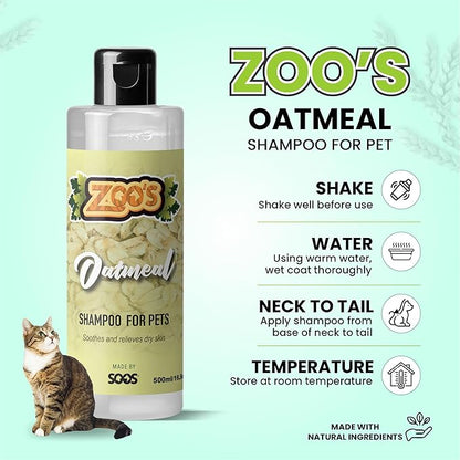 Zoo’s Pet Oatmeal Dog Shampoo for Cats and Pets Fast Absorbing Moisturize Skin Provides Relief to Dry, Itchy Skin While Softening Your Pet’s Coat - 1x Dog and Cat Shampoo (500ml / 16.9oz)