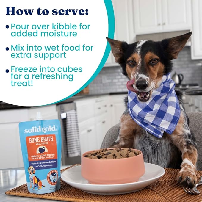 Solid Gold Turkey Bone Broth for Dogs - Grain Free Dog Food Topper Rich in Collagen and Superfoods - Nutrient Dense Dog Gravy Topper for Dry Food - Promotes Gut Health and Hydration - 12 Pack