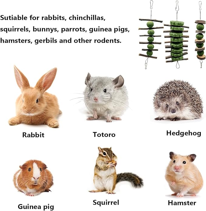 3 Pcs Bunny Teeth Grinding Chew Toys, Apple Branch Chewing Sticks with Grass Ball and Grass Cake for Rabbits Bunnies Hamsters Guinea Pigs