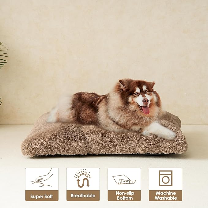 EHEYCIGA Fluffy XXL Dog Crate Pad, Plush Faux Fur Dog Bed for Extra Large Dogs, Calming Anti Anxiety XXL Dog Bed for Crate, Washable Soft Warm Dog Crate Mat with Non-Slip Bottom, Camel