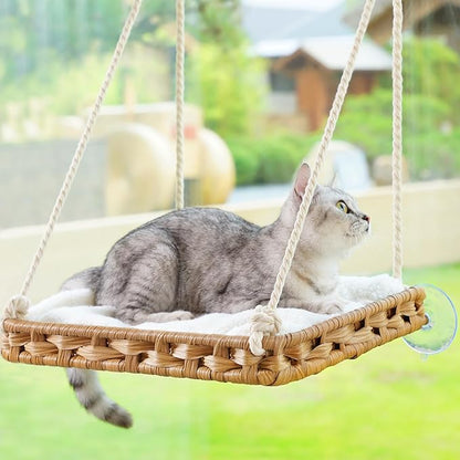 Cat Window Perch Cat Window Hammock Bed for Indoor Cats, Large Handwoven PE Rattan Window Seat, 4 Suction Cups, Double Sided Washable Cushion Bed, 2.3 Inch Fence Shelf, for Pet Kittens Natural