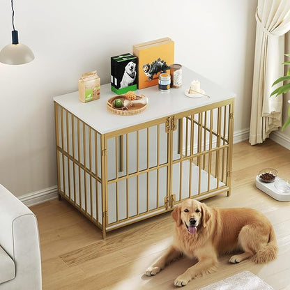HOOBRO 38.6" Dog Crate Furniture, Wooden Dog Kennel Indoor, Chew-Resistant Heavy Duty Dog Cage for Small/Medium Dog, Decorative Side End Table, White and Gold DW100GW03