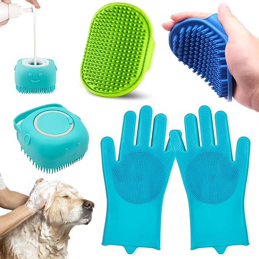 Enmaipet 4-in-1 Dog Grooming Brush,Dog Bath Brush Set,Adjustable Handle Shampoo Brush & Scrubber, Dog Grooming Gloves for Short & Long Haired Dogs & Cats