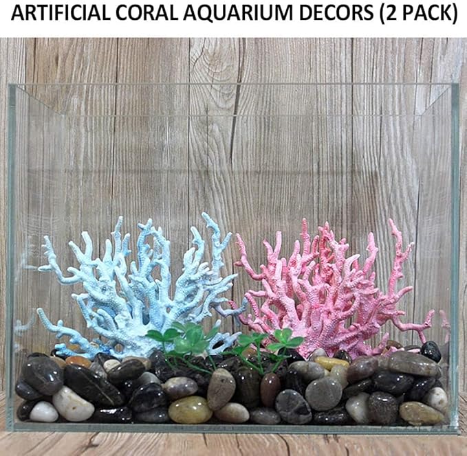 kathson Aquarium Coral Decor Fake Coral Ornaments Small Fish Tank Resin Decorations (Pink and Blue, 2 Pack)