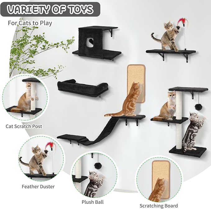 Cat Wall Shelves, 6 in 1 Cat Wall Furniture Set with Condos House, Bed, Bridge, Tree, Steps, Scratching Board, DIY Walls Playground for Indoor (Black)