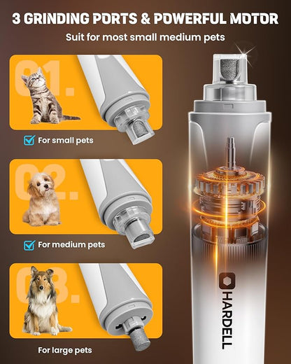HARDELL Dog Nail Grinder, Super Quiet Dog Nail Trimmers with 2 LED Lights & 3 Grinding Ports, USB Rechargeable and Cordless Safety Dog Nail Clippers Kit for Small Medium Dogs/Cats & Puppy
