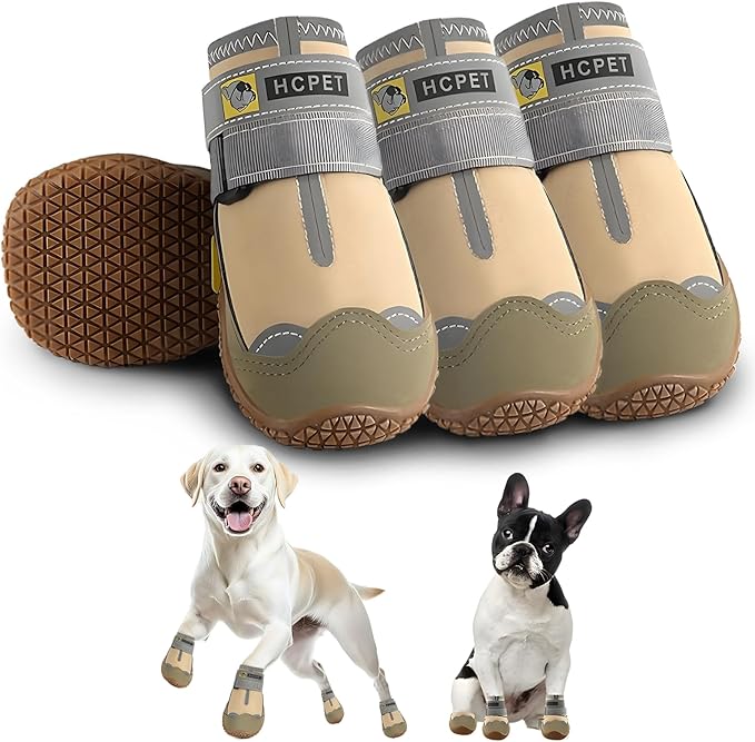 Hcpet Dog Shoes for Large Dogs, Waterproof Dog Booties for Small Medium Dogs, Anti-Slip Dog Boots & Paw Protectors for Hot Pavement Winter Snow Hiking with Reflective Straps Khaki Size 1