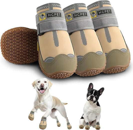 Hcpet Dog Shoes for Large Dogs, Waterproof Dog Booties for Small Medium Dogs, Anti-Slip Dog Boots & Paw Protectors for Hot Pavement Winter Snow Hiking with Reflective Straps Khaki Size 5