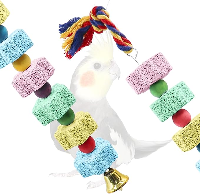 2 Pack Mineral Block Chew Toys with Colorful Beads and a Bell, Bird Beak Grinding Stone, Cage Accessories for African Grey, Budgies, Cockatiels, Small to Medium Birds
