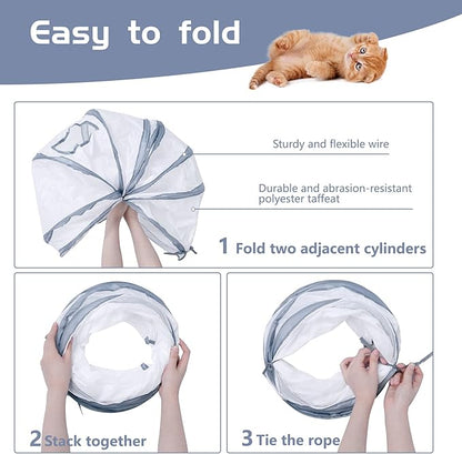 Sheldamy Cat Tunnel, S-2-Way Cat Tunnels for Indoor Cats, Collapsible Cat Play Tunnel, Interactive Toy Maze Cat House with 1 Play Ball for Cats, Puppy, Kitty, Kitten, Rabbit (White & Gray)